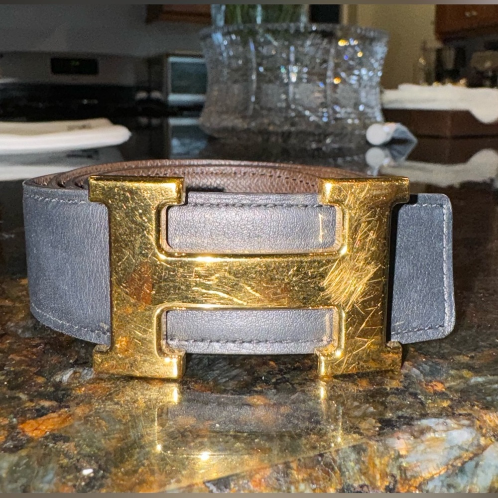 Authentic Mini Hermés buckle with Reversible black/brown leather strap